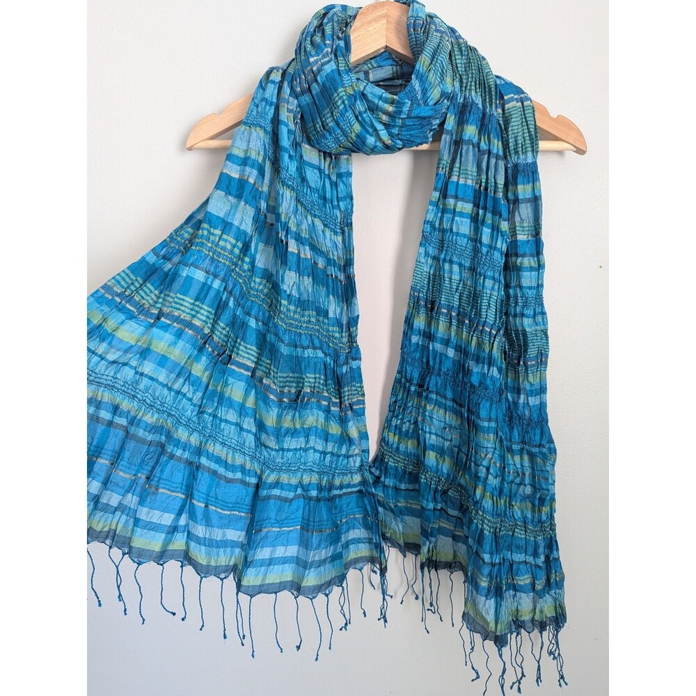 Eileen Fisher Silk Organic Cotton Crinkle Scarf Wrap Fringe Turquoise Blues EUC